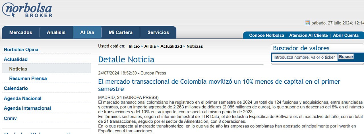 El mercado transaccional de Colombia moviliz un 10% menos de capital en el primer semestre